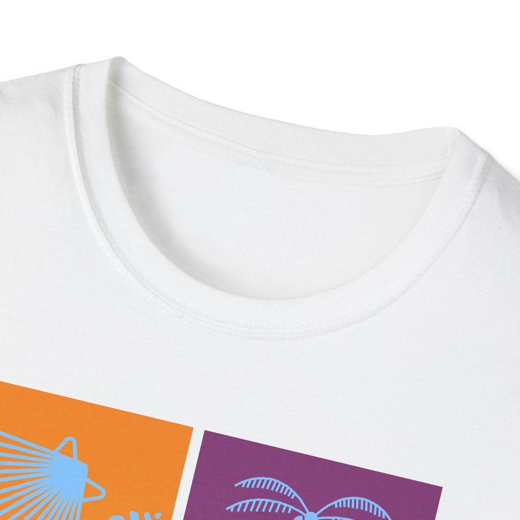 Beach Vibes T-Shirt — Colorblock Seashell, Palm & Dolphin Graphic