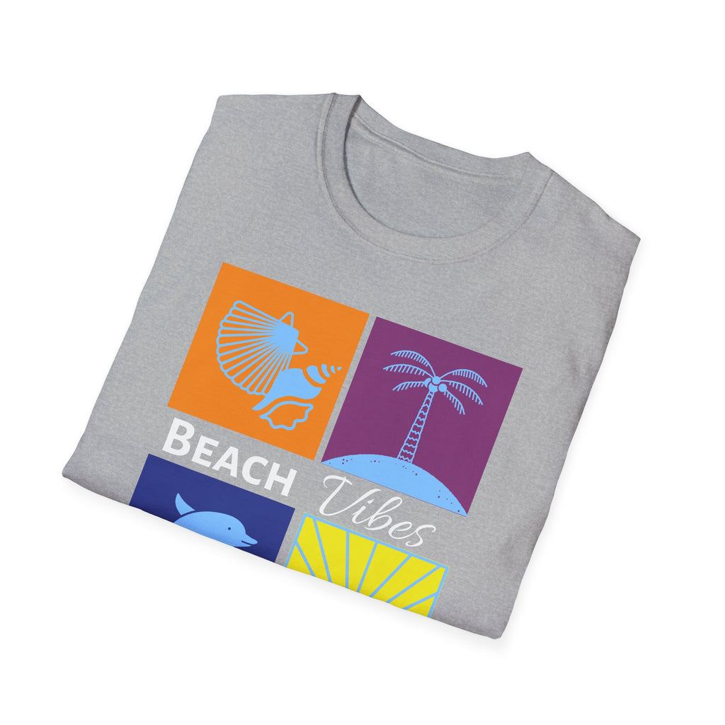 Beach Vibes T-Shirt — Colorblock Seashell, Palm & Dolphin Graphic