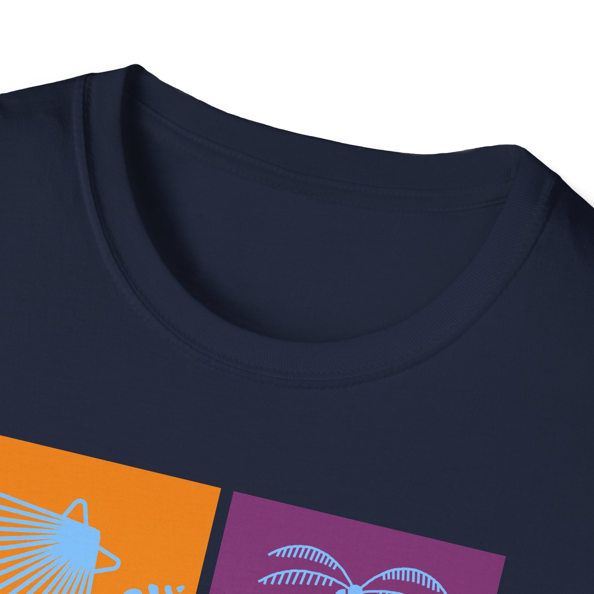 Beach Vibes T-Shirt — Colorblock Seashell, Palm & Dolphin Graphic