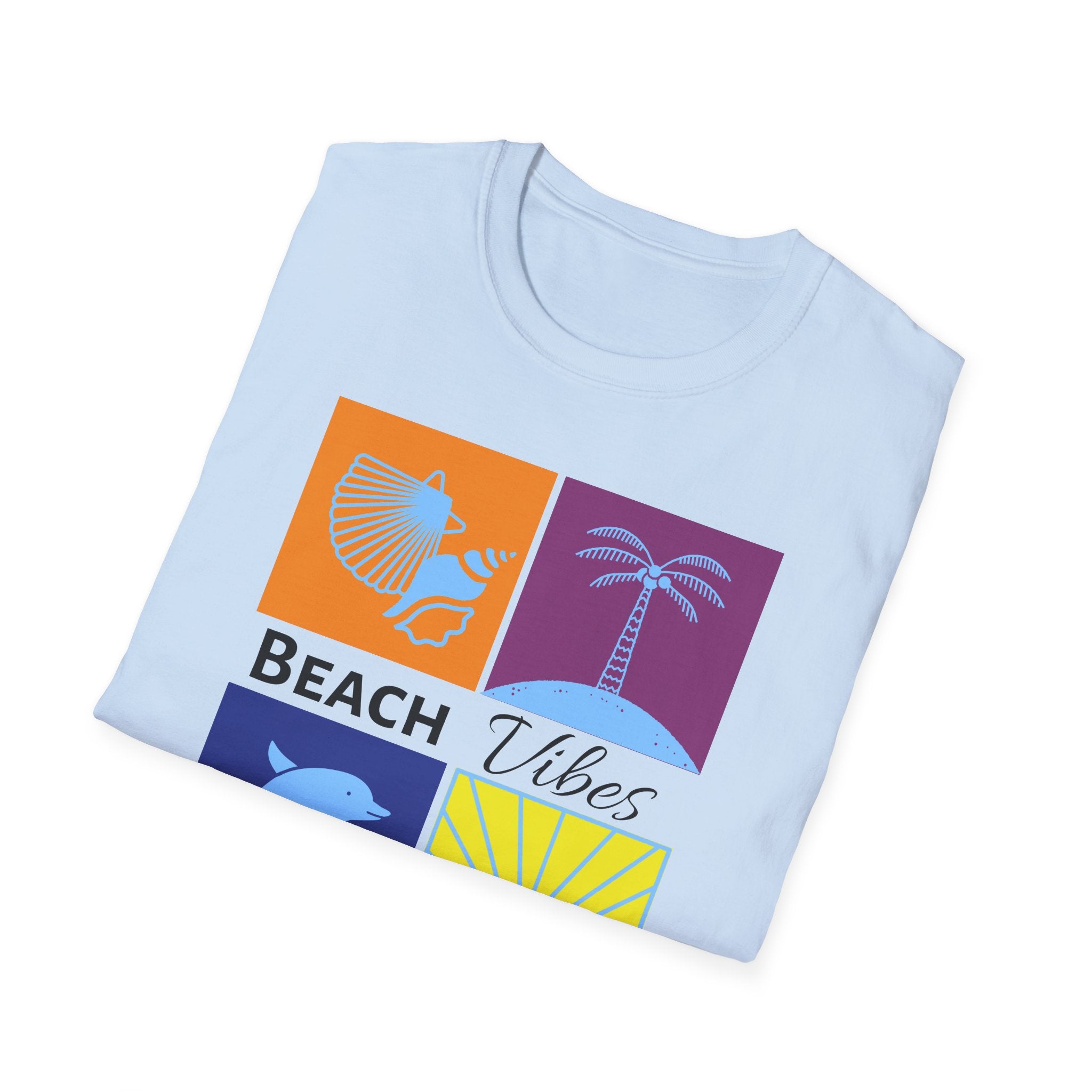 Beach Vibes T-Shirt — Colorblock Seashell, Palm & Dolphin Graphic