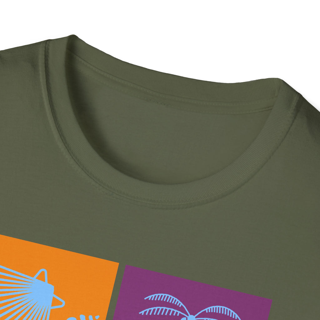 Beach Vibes T-Shirt — Colorblock Seashell, Palm & Dolphin Graphic