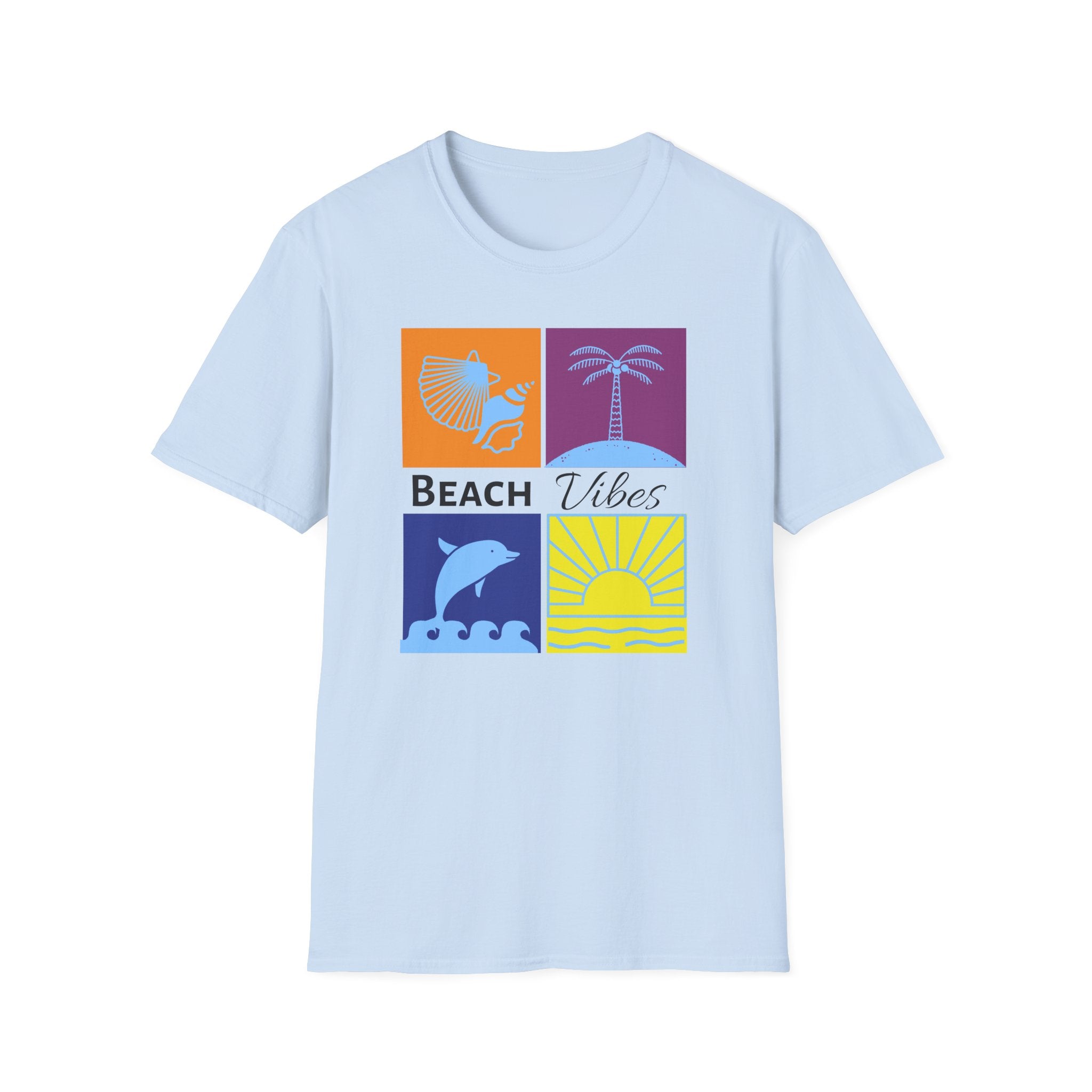 Beach Vibes T-Shirt — Colorblock Seashell, Palm & Dolphin Graphic