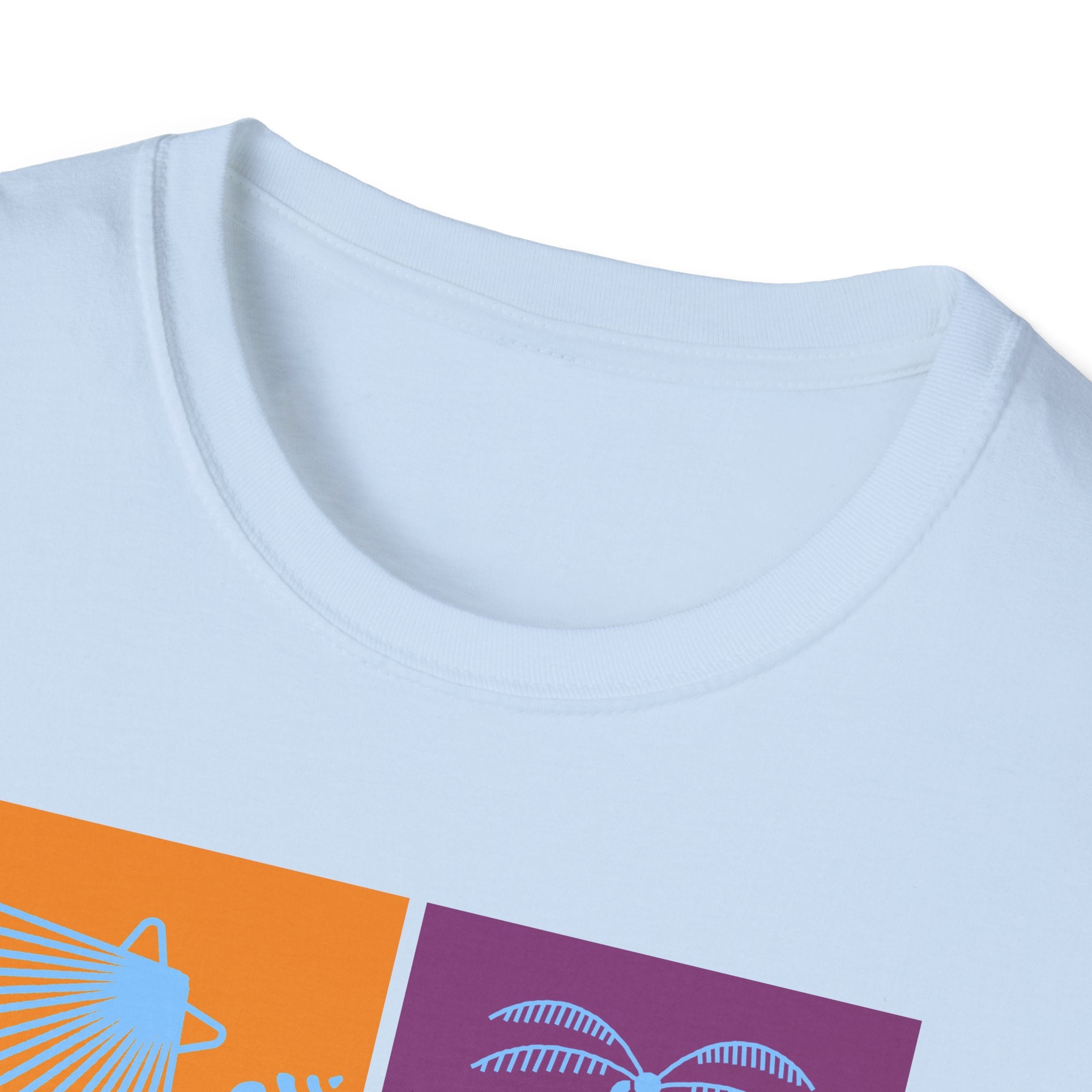 Beach Vibes T-Shirt — Colorblock Seashell, Palm & Dolphin Graphic