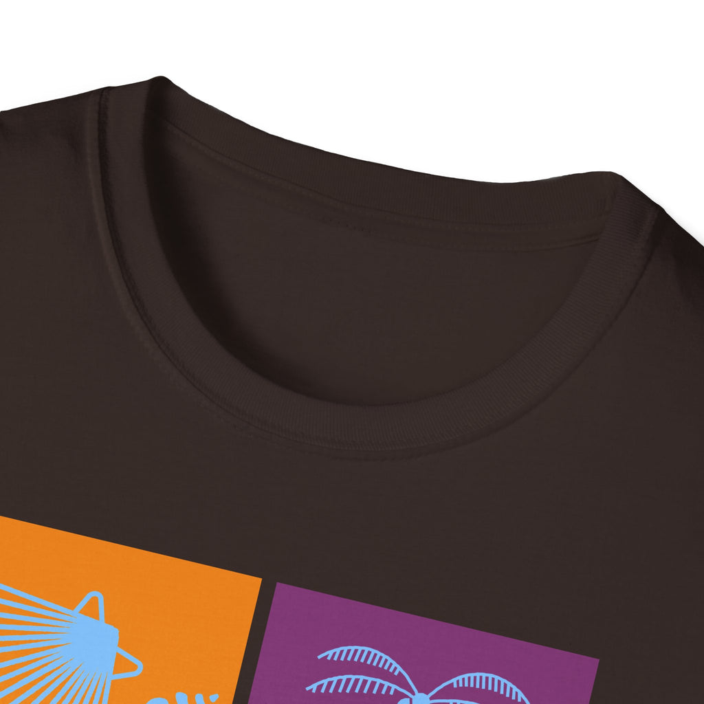 Beach Vibes T-Shirt — Colorblock Seashell, Palm & Dolphin Graphic