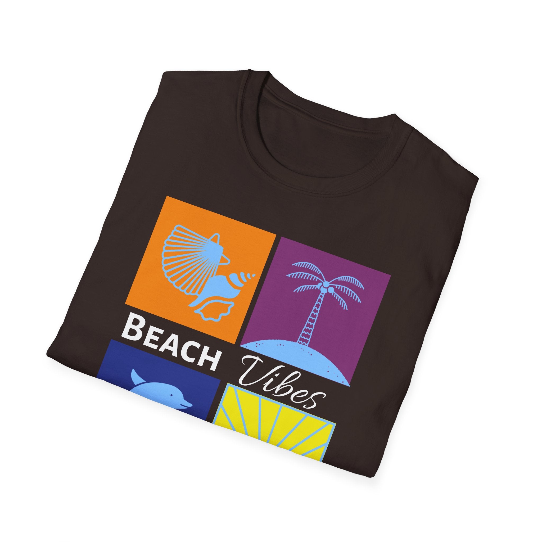 Beach Vibes T-Shirt — Colorblock Seashell, Palm & Dolphin Graphic