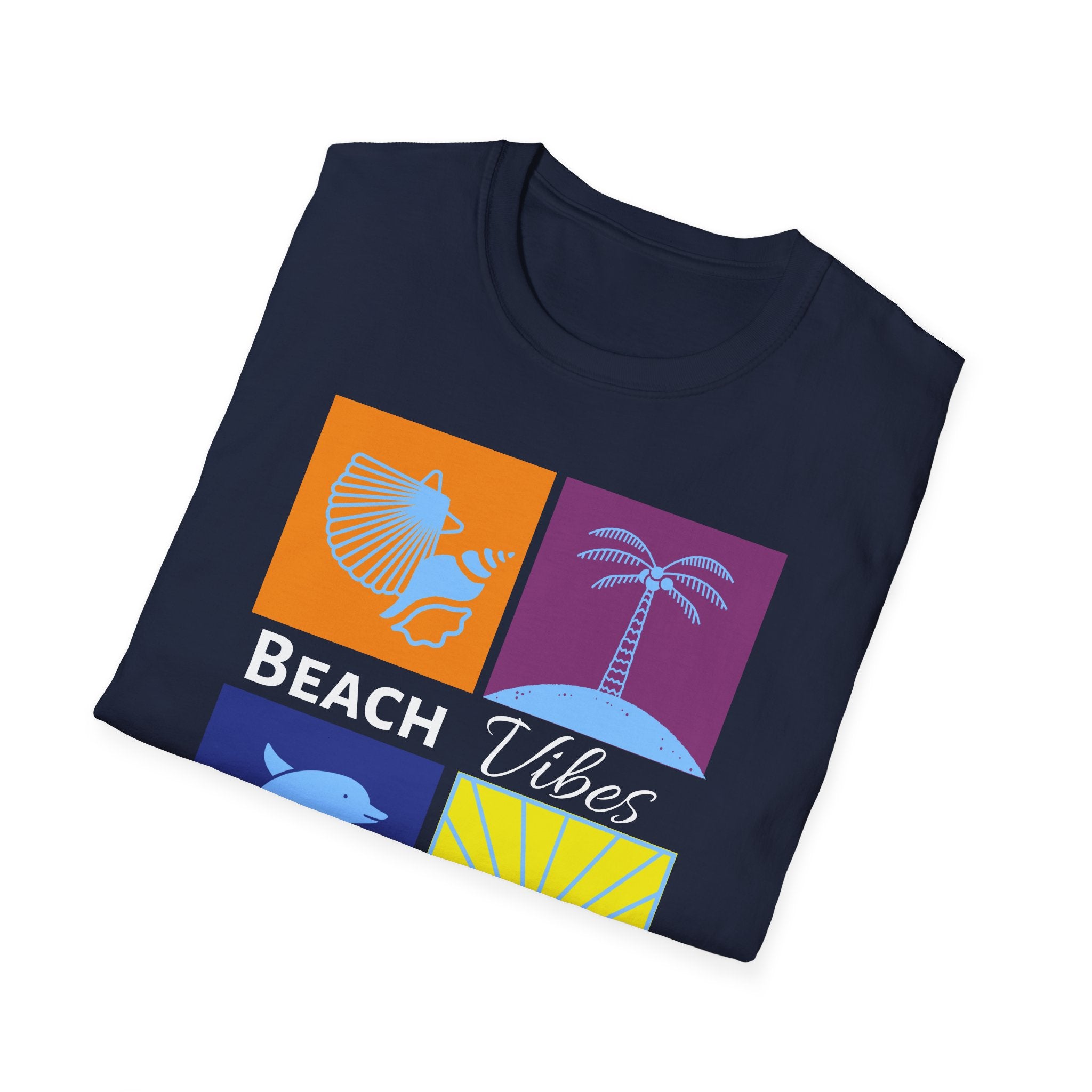 Beach Vibes T-Shirt — Colorblock Seashell, Palm & Dolphin Graphic