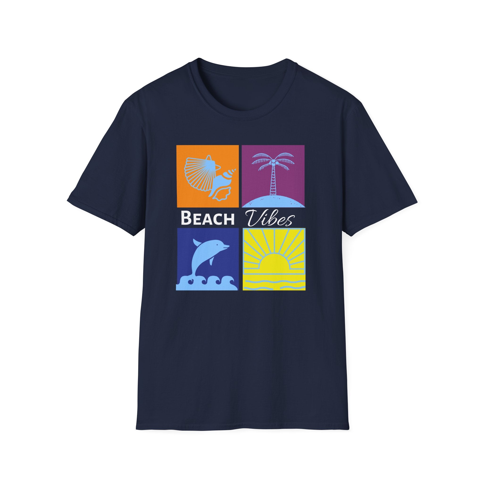 Beach Vibes T-Shirt — Colorblock Seashell, Palm & Dolphin Graphic