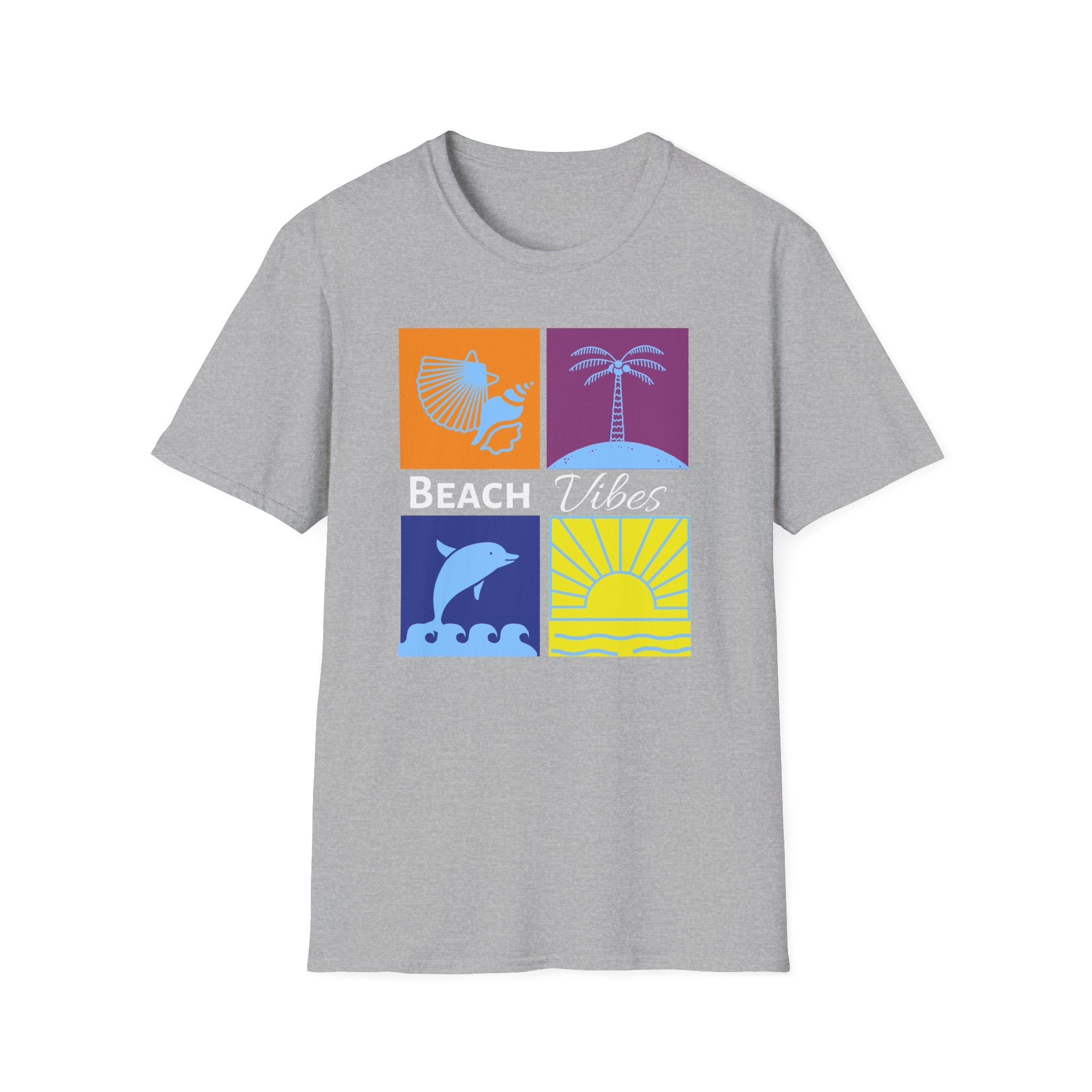 Beach Vibes T-Shirt — Colorblock Seashell, Palm & Dolphin Graphic