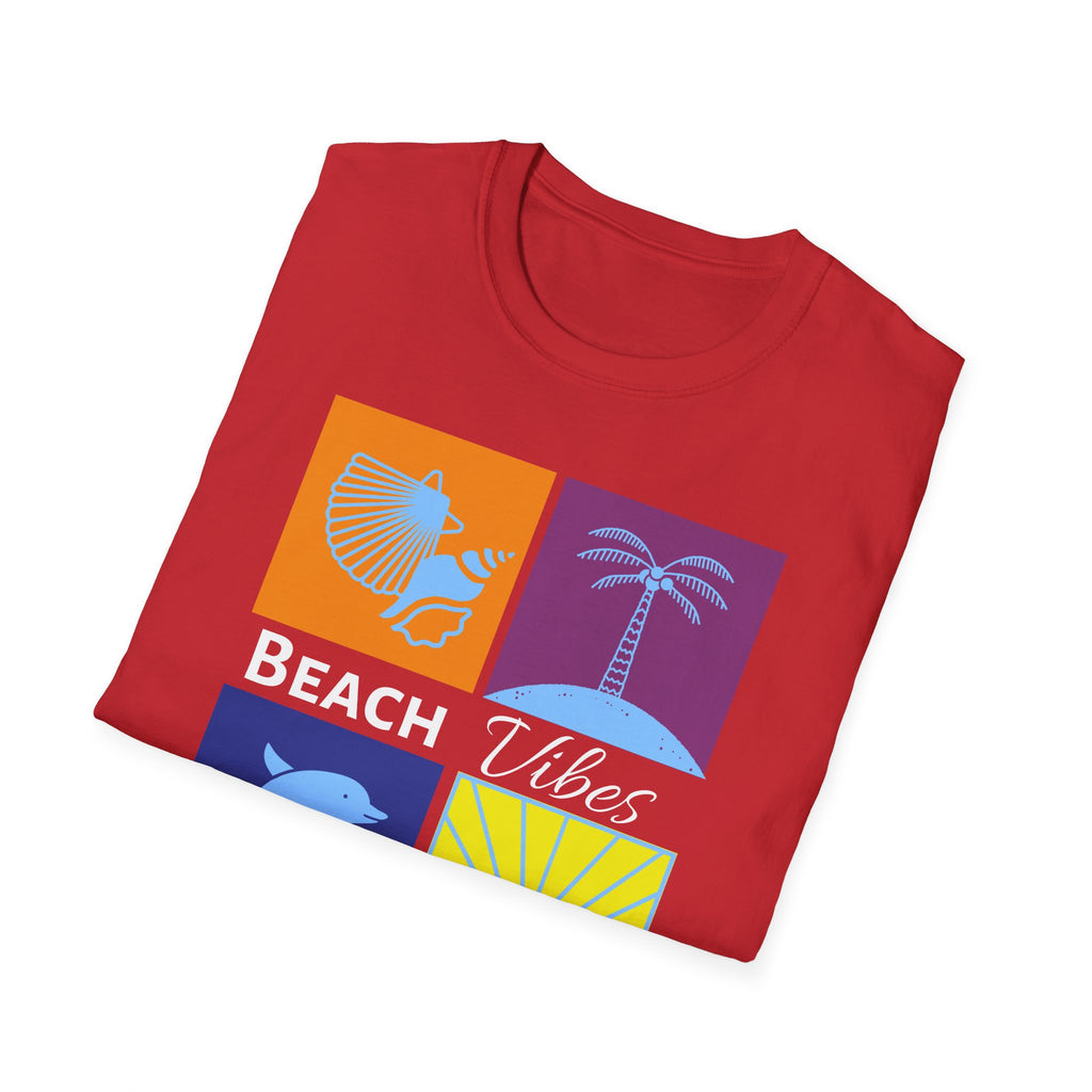 Beach Vibes T-Shirt — Colorblock Seashell, Palm & Dolphin Graphic