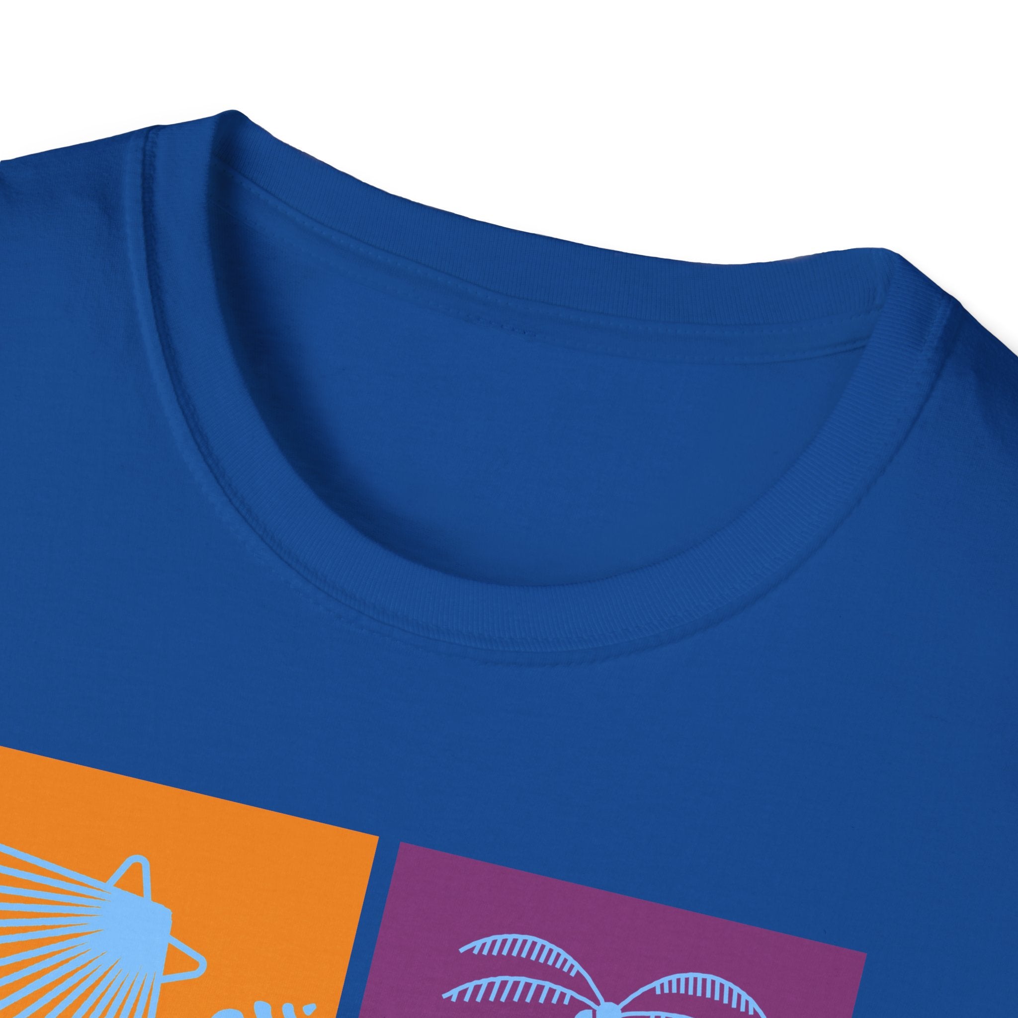 Beach Vibes T-Shirt — Colorblock Seashell, Palm & Dolphin Graphic
