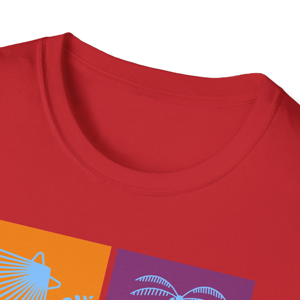 Beach Vibes T-Shirt — Colorblock Seashell, Palm & Dolphin Graphic