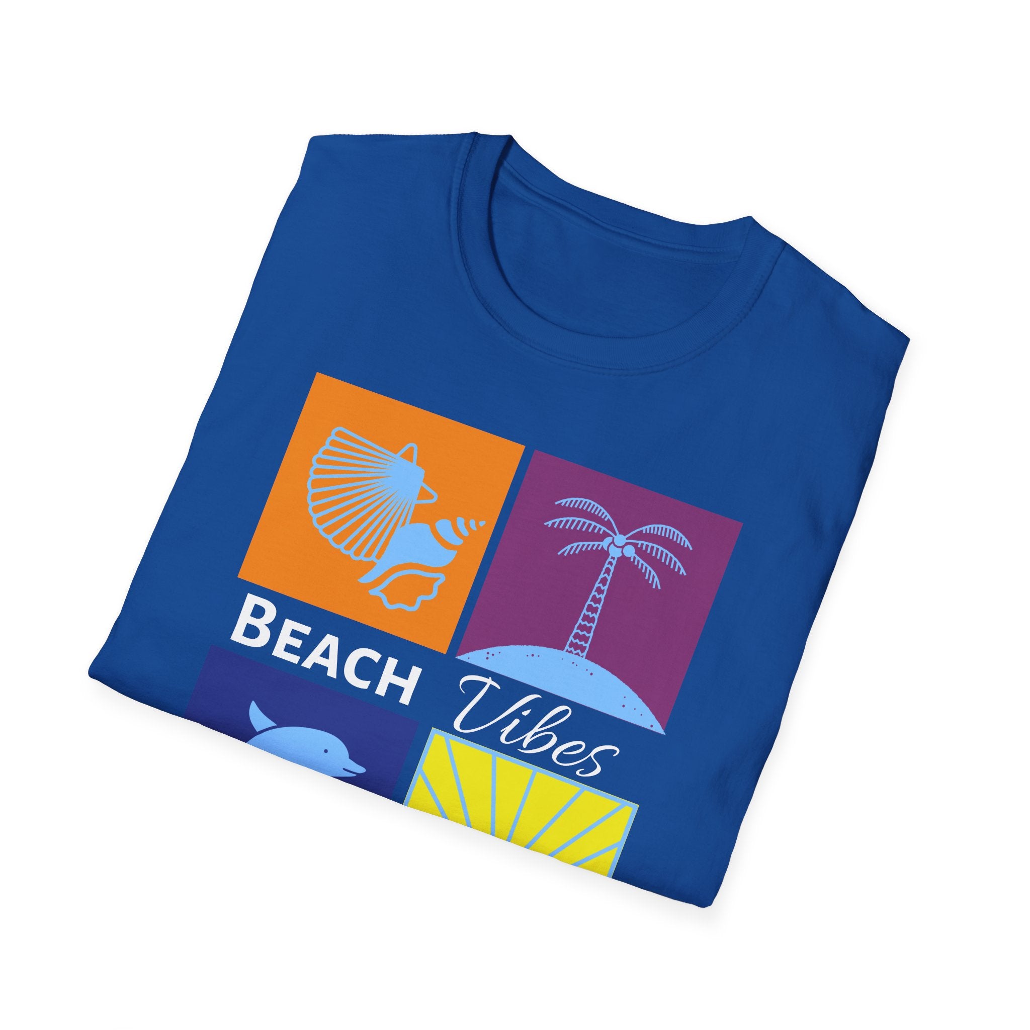 Beach Vibes T-Shirt — Colorblock Seashell, Palm & Dolphin Graphic