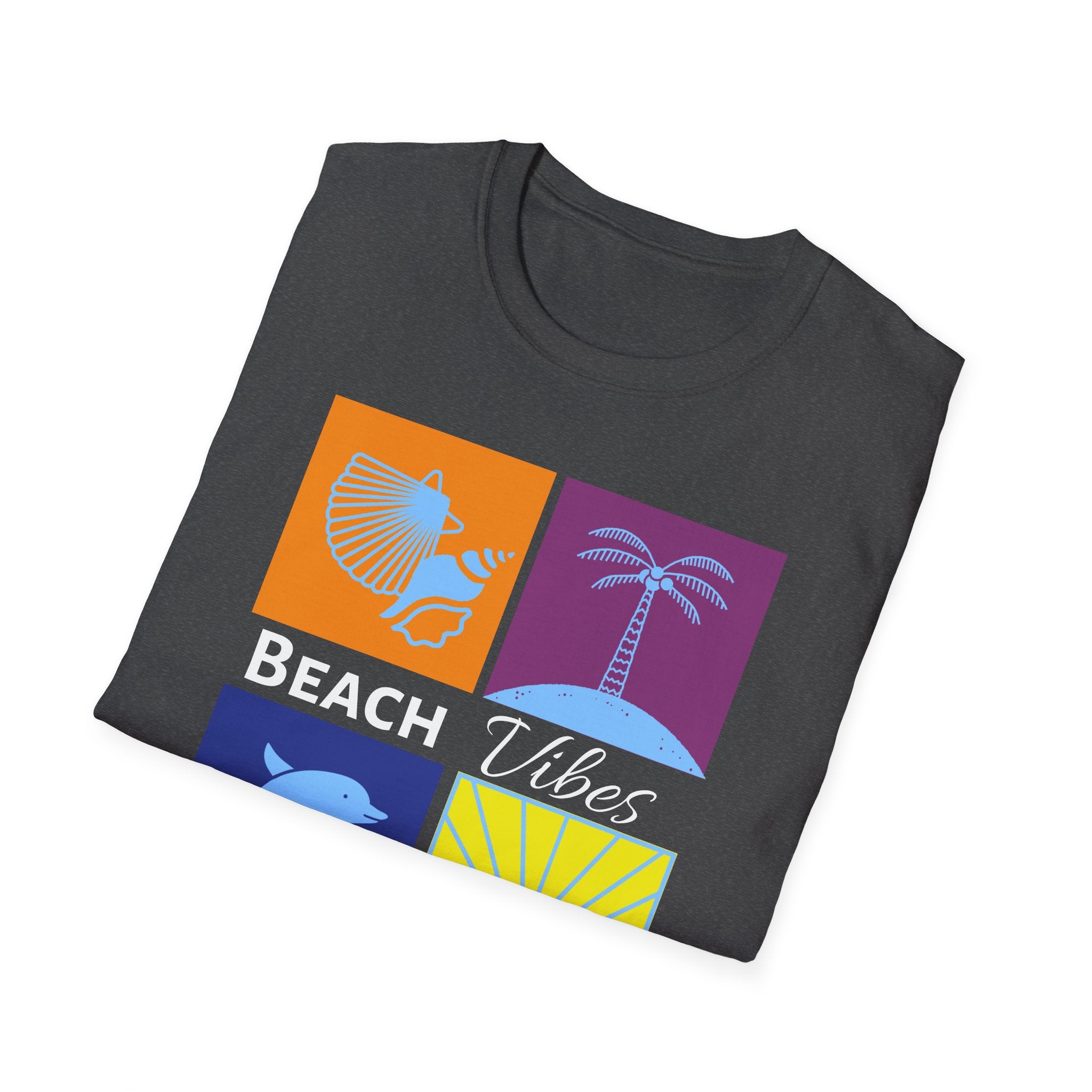 Beach Vibes T-Shirt — Colorblock Seashell, Palm & Dolphin Graphic