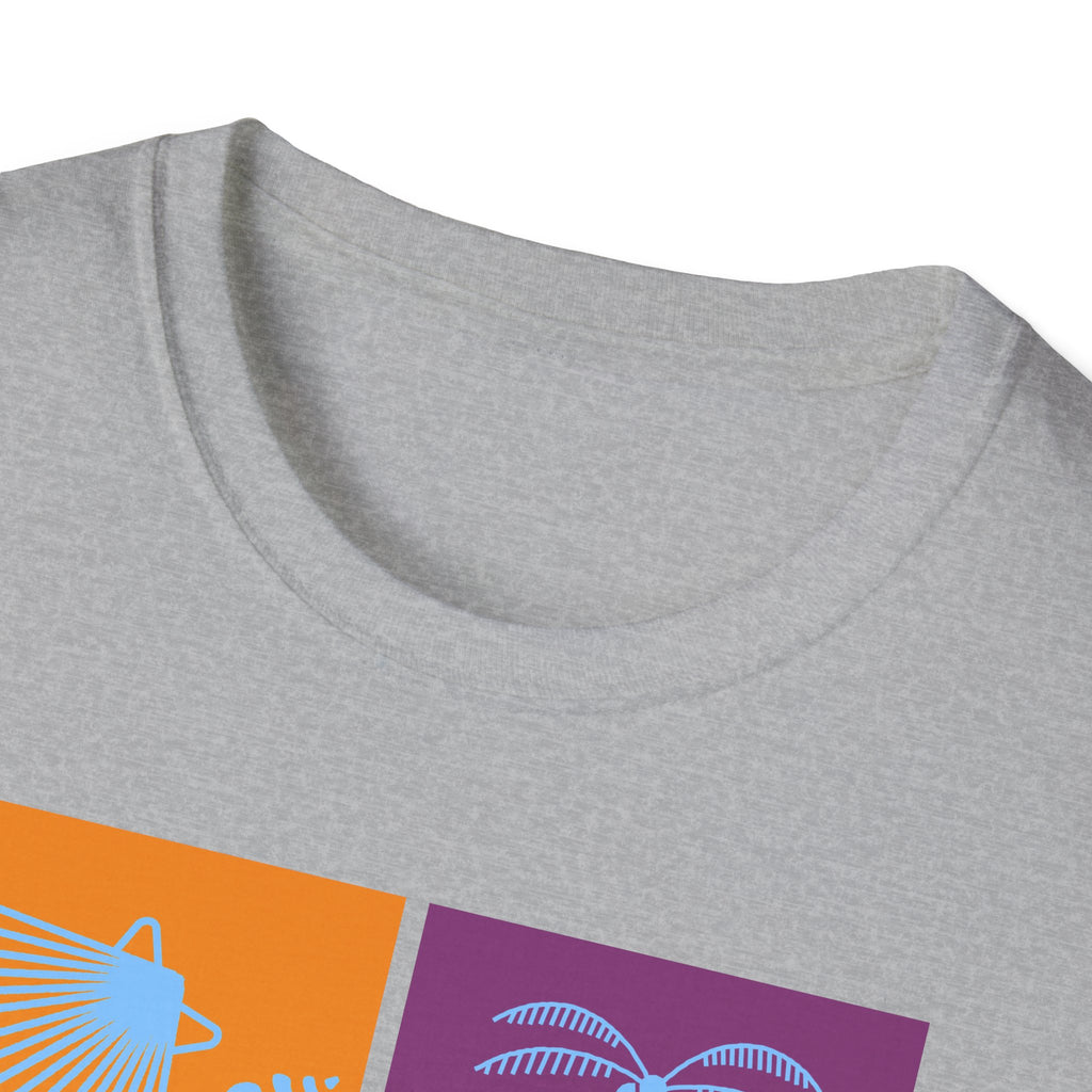 Beach Vibes T-Shirt — Colorblock Seashell, Palm & Dolphin Graphic
