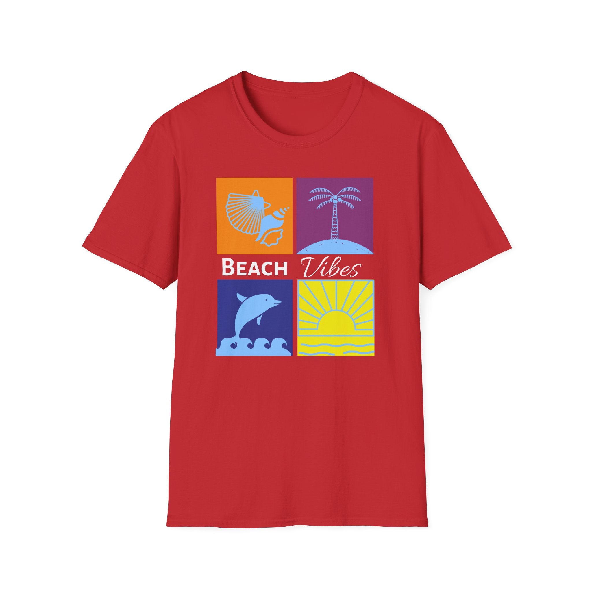 Beach Vibes T-Shirt — Colorblock Seashell, Palm & Dolphin Graphic