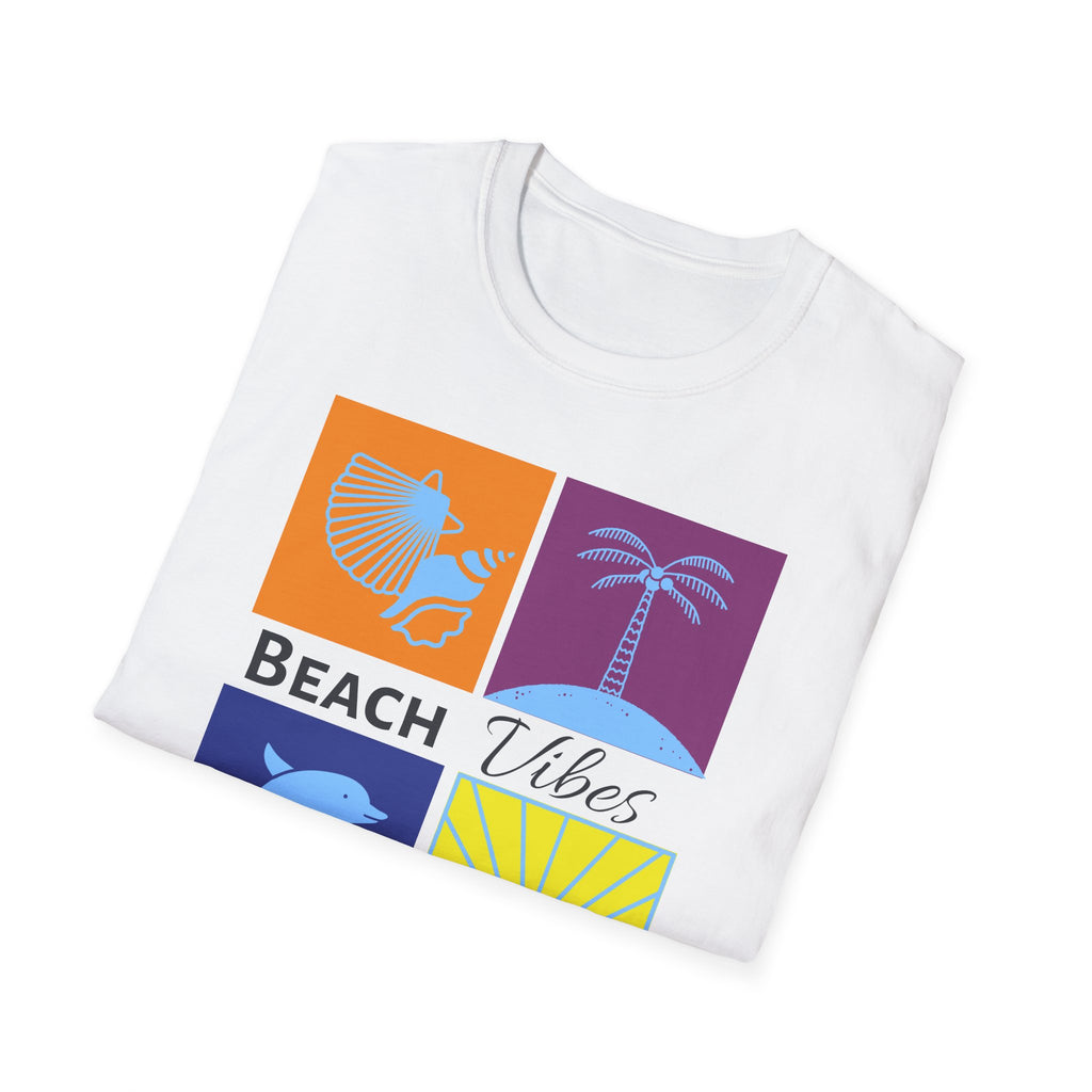 Beach Vibes T-Shirt — Colorblock Seashell, Palm & Dolphin Graphic