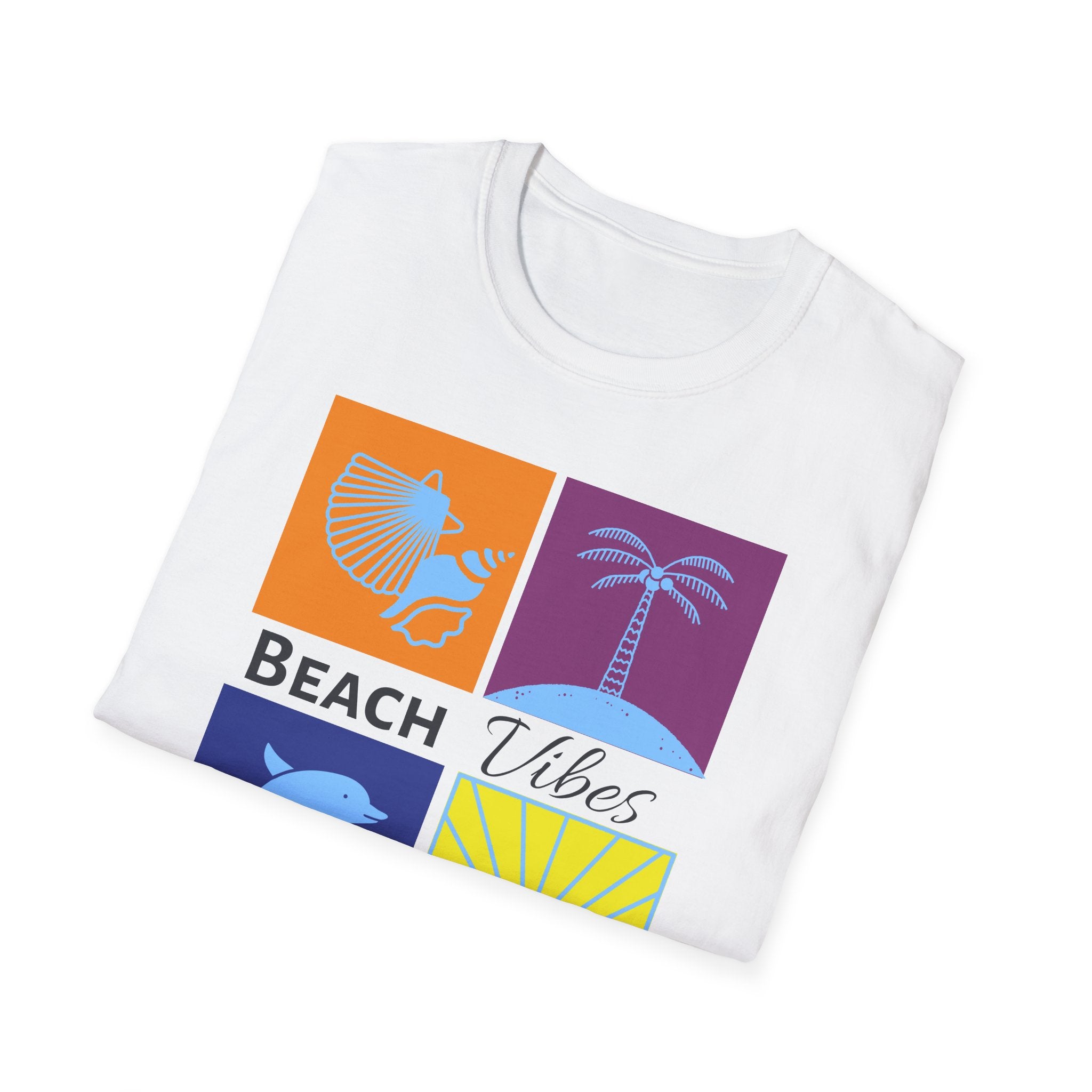 Beach Vibes T-Shirt — Colorblock Seashell, Palm & Dolphin Graphic