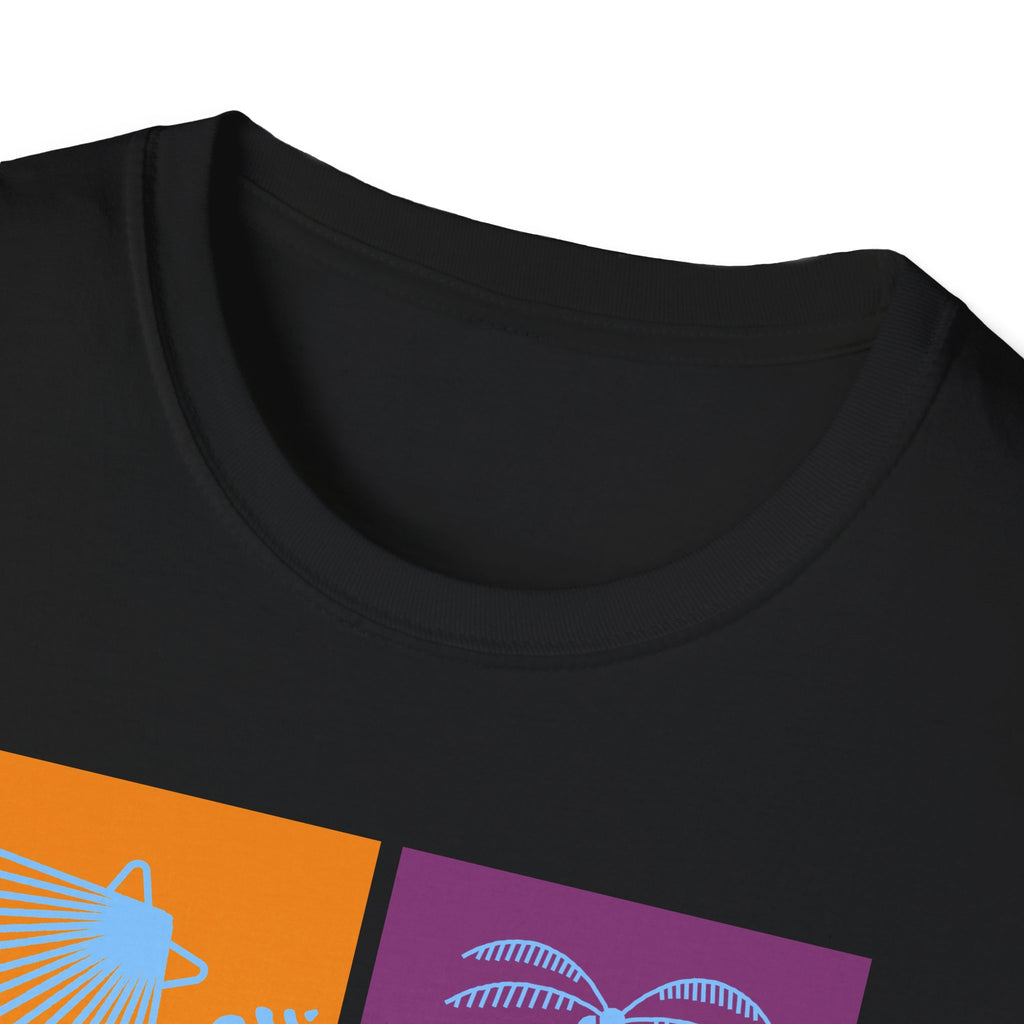 Beach Vibes T-Shirt — Colorblock Seashell, Palm & Dolphin Graphic