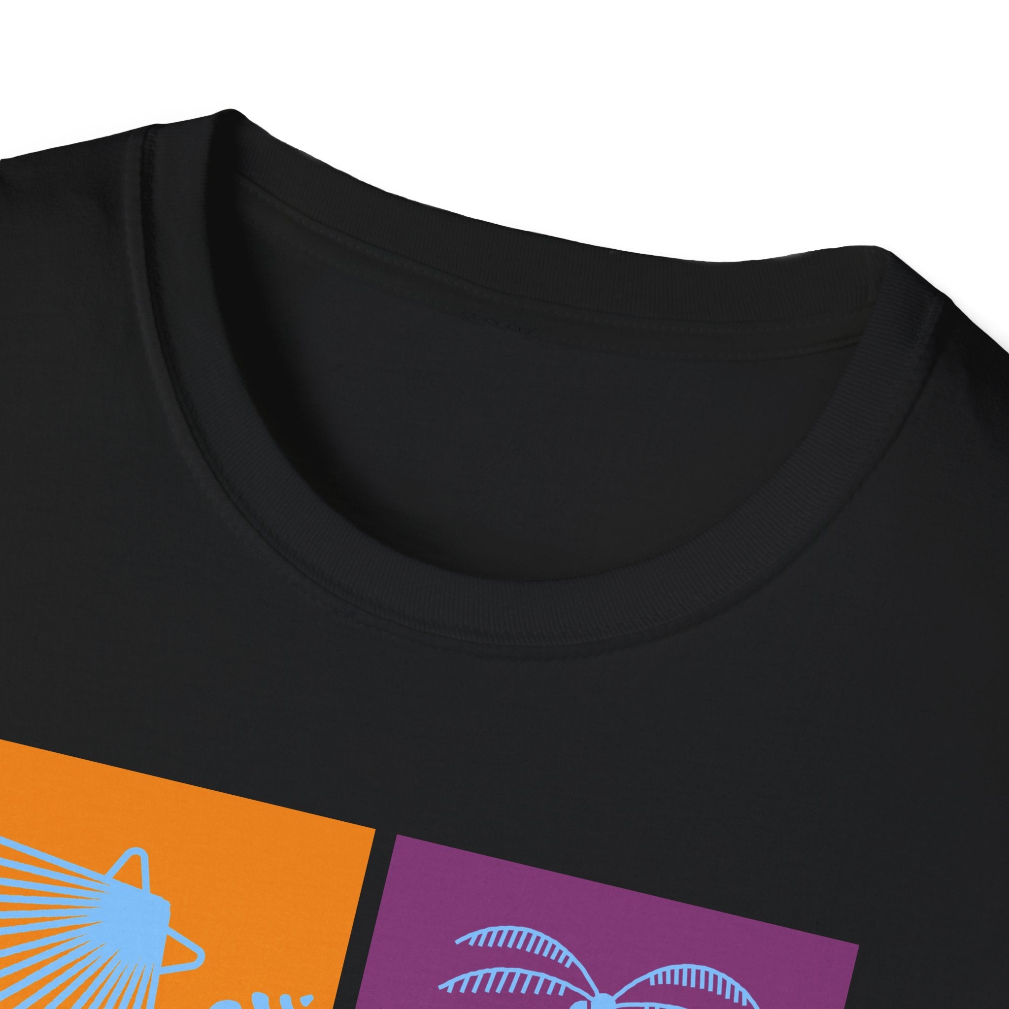 Beach Vibes T-Shirt — Colorblock Seashell, Palm & Dolphin Graphic