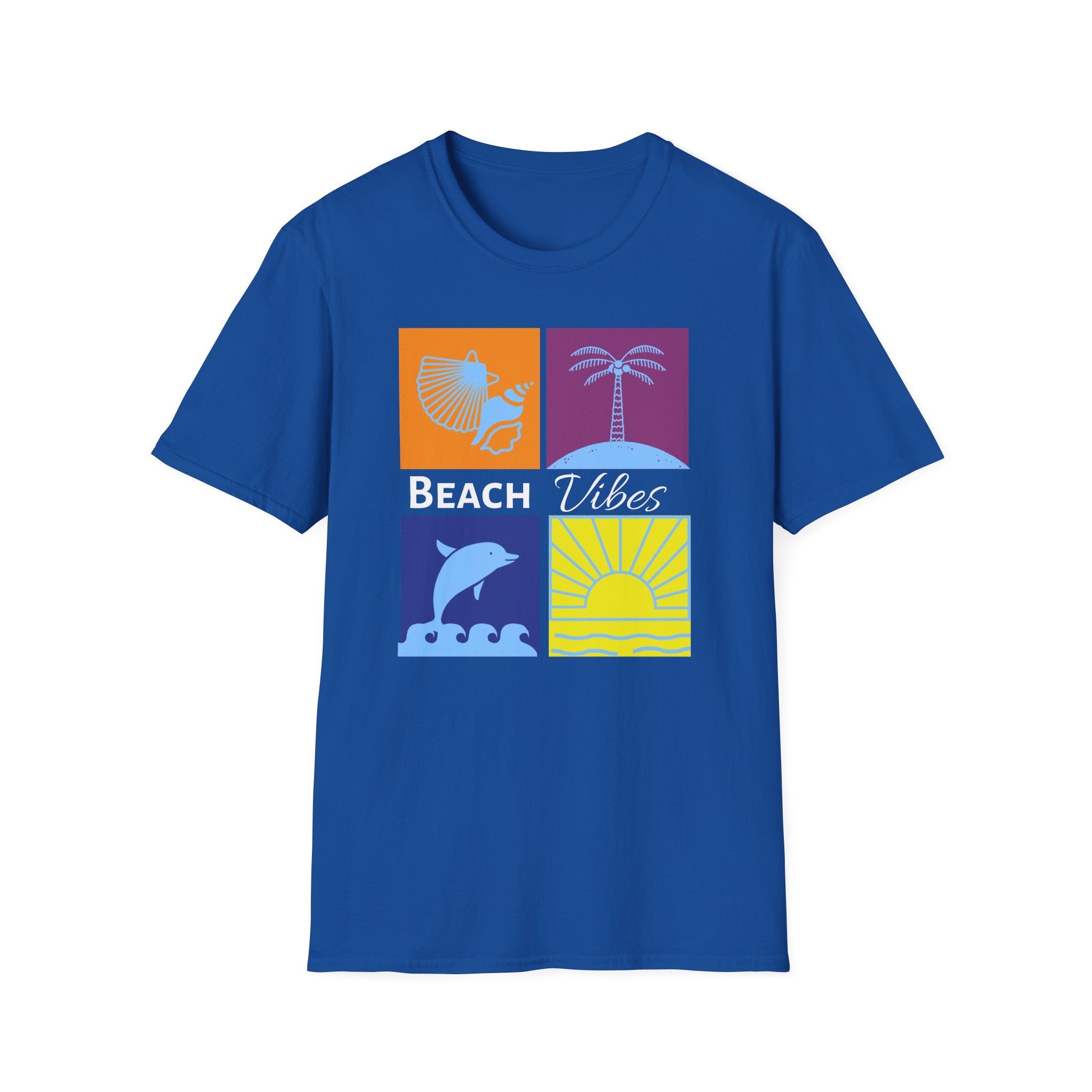 Beach Vibes T-Shirt — Colorblock Seashell, Palm & Dolphin Graphic