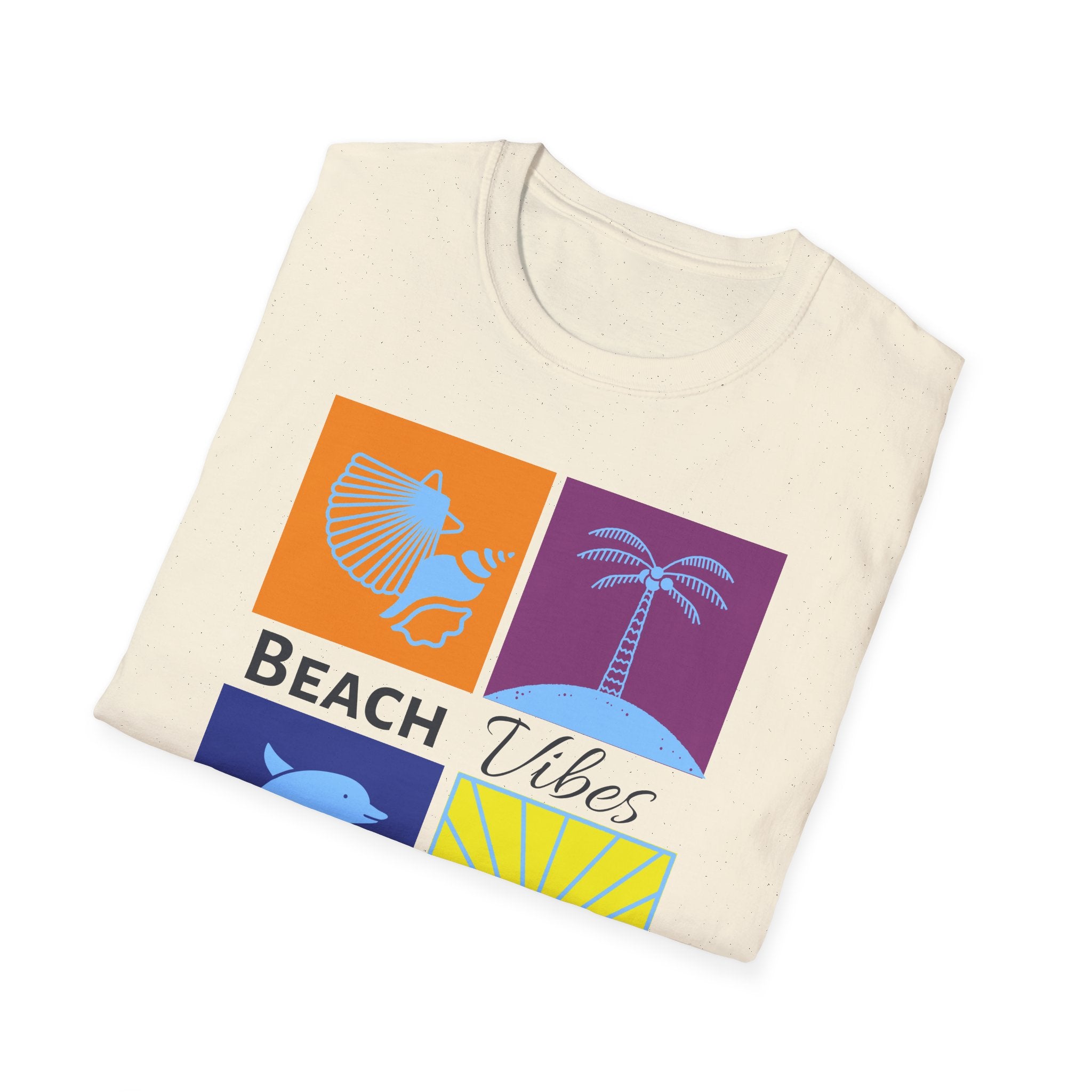 Beach Vibes T-Shirt — Colorblock Seashell, Palm & Dolphin Graphic
