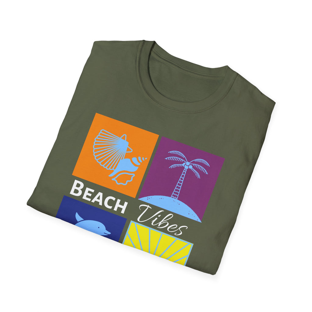 Beach Vibes T-Shirt — Colorblock Seashell, Palm & Dolphin Graphic