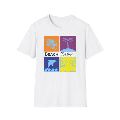 Beach Vibes T-Shirt — Colorblock Seashell, Palm & Dolphin Graphic